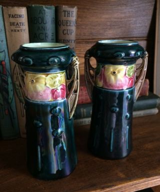Pair Antique Lustrous Green Arts & Crafts Or Art Nouveau Vases Majolica