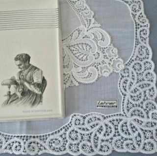 2 Vintage Swiss Linen,  Lace Handkerchiefs Wedding Bridal W Box Lehner