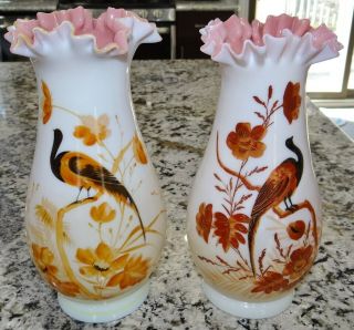 Bristol Vase Pink Ruffled Crest Hand Painted Set Pair Large Victorian Antique