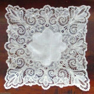 Antique Handmade Bobbin Lace Wedding Large Handkerchief