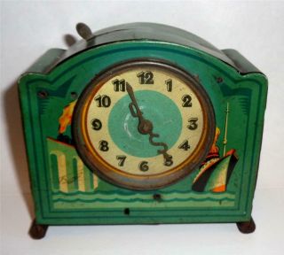 Art Deco Tinplate Money Box Clock Ships & Trains Transport Theme