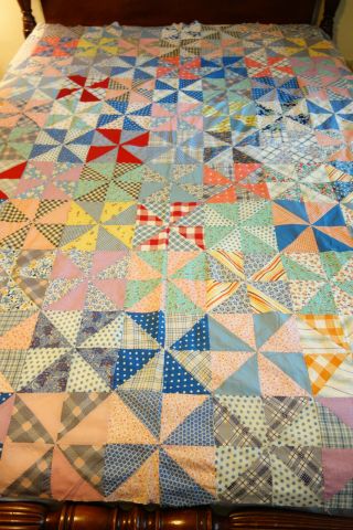 Vintage Hand Made & Stitched Patchwork Pinwheel Quilt Topper Top Feedsack 60x73