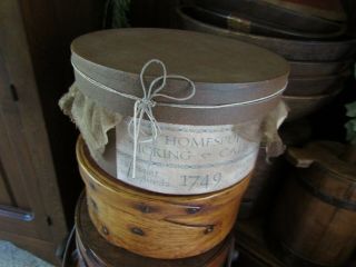 Primitive Round Pantry Box With Aged Label - Homespun - Ticking & Calicos - 1749
