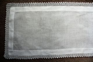 Vintage plain white linen table runner with crochet edges. 2