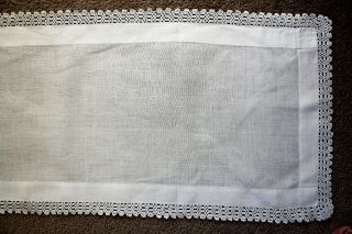 Vintage plain white linen table runner with crochet edges. 3