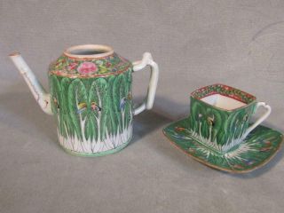 Antique Chinese Export Cabbage Leaf & Butterfly Teapot & Demitasse Cup