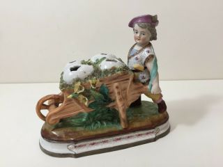 Antique Kpm German Porcelain Dresden Boy & Eggs Cart Toothpicks Holder,  6 1/4 " T