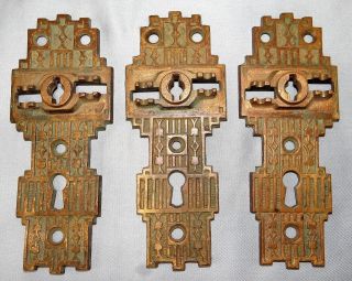 Set Of 3 Vtg Antique Victorian Eastlake Brass Door Knob Back Plate Locks Marked