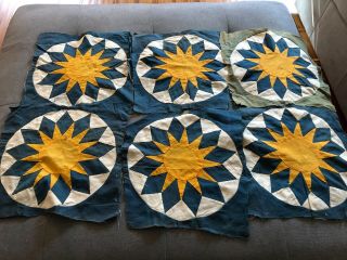 Vintage Quilt Blocks - Hand Stitched - Blue/white/mustard