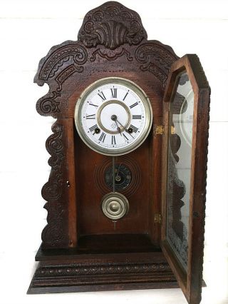 LOVELY ANTIQUE 8 DAY AMERICAN STRIKE SHELF CLOCK BY ANSONIA 2