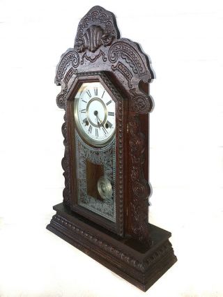 LOVELY ANTIQUE 8 DAY AMERICAN STRIKE SHELF CLOCK BY ANSONIA 4