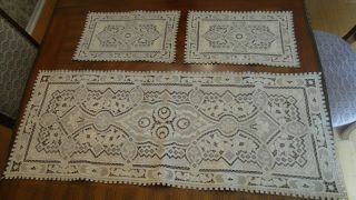 Vintage Antique Hand Embroidered Cut Work Lace Linen Table Runner & 2 Pc Doily