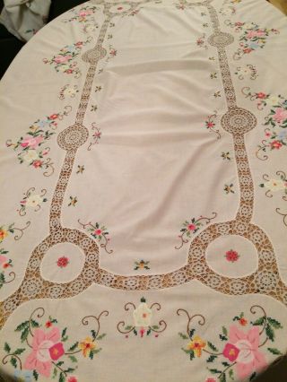 Vintage Tablecloth Gorgeous Hand Embroidery Hand Crochet Lace 100x 68 In