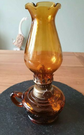 Vintage Amber Glass Oil Lamp.  Made In Hong Kong - 20cm Tall
