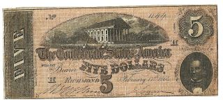 Civil War Confederate States Five $5 Note 1864 Some Use Clear Autographs Good