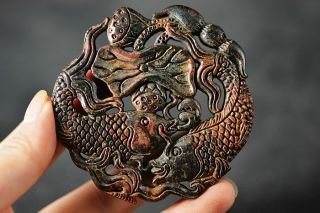 Exquisite Chinese Old Jade Carved Two - Sided Fishes Lucky Pendant J13
