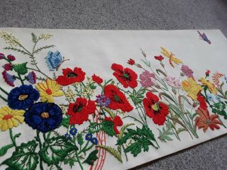 Vintage Large Hand Embroidered Floral Woolwork Tapestry Panel Picture Linen Vgc