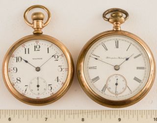 2 Antique Pocket Watches Hampden 18s Waltham 16s Gold Filled Cases