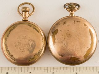 2 ANTIQUE POCKET WATCHES HAMPDEN 18S WALTHAM 16S GOLD FILLED CASES 2
