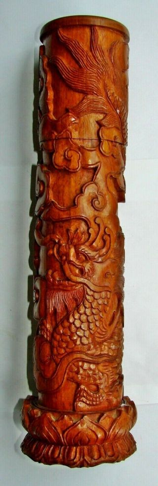 Large Old Chinese Carved Wood Dragon Clouds Scented Sandalwood Brush Pot