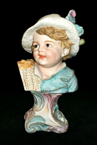 Antique German KPM VICTORIAN LITTLE BOY DOLL Bisque Porcelain Bust Figurine 2