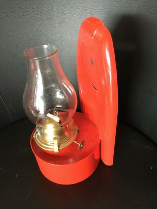 VINTAGE WALL MOUNT CHIMNEY OIL LAMP RED TIN PLATE SHABBY CHIC RUSTIC 2