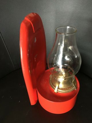 VINTAGE WALL MOUNT CHIMNEY OIL LAMP RED TIN PLATE SHABBY CHIC RUSTIC 3