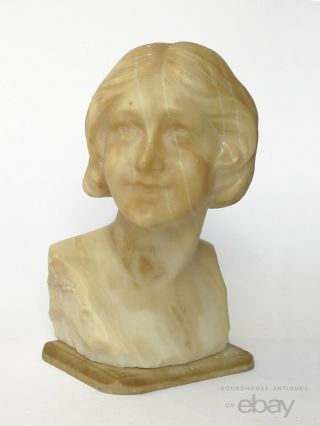 1910s Antique Art Nouveau Carved Marble Alabaster Bust Lady