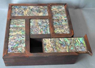 Decorative Collectable Handwork Old Boxwood Inlay Shell Auspicious Jewelry Box 4