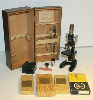 Atco Vintage Microscope With 48 Slides In Wooden Case And Tools