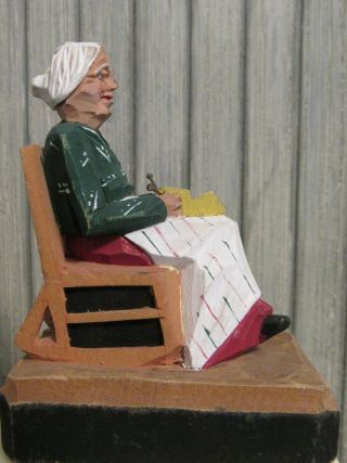 Vintage Wooden Woman Knitting Hand Carved Wood Artist R Normand Quebec Canada