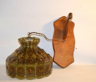 Vintage Mid Century Wood Wall Mount Hanging Light Lamp Green Glass