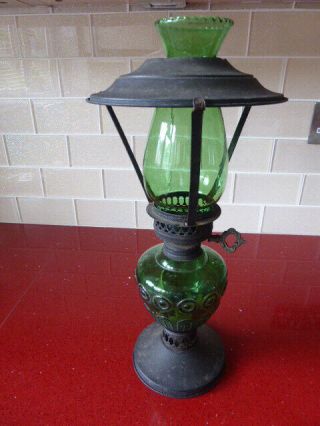 Antique Victorian/edwardian Parafin Kerosene Oil Lamp/light,  Green Glass