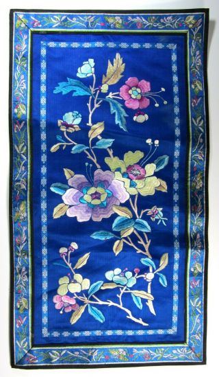 Antique Chinese dark blue silk embroidered with flower designs panel 2