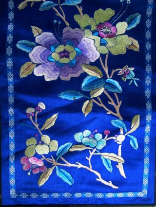 Antique Chinese dark blue silk embroidered with flower designs panel 3