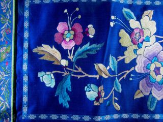 Antique Chinese dark blue silk embroidered with flower designs panel 4