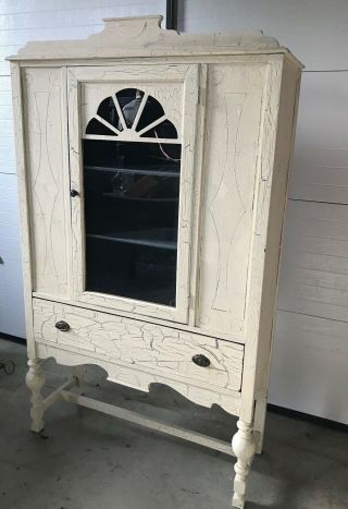 Vintage China Cabinet Crackle Cream/blue Paint 38 X 66 X 13 1/2 Inches Wide.