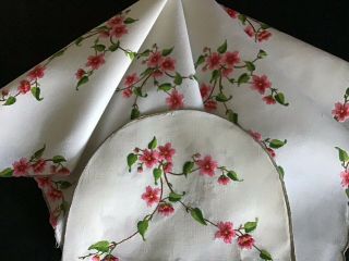 Vintage Linen Hand Embroidered Tablecloth & Tea Cosy Trailing Pink Blossoms