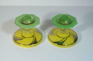 Pair Green & Yellow Glass Art Deco/czech Candle Holders W/ Silver Overlay