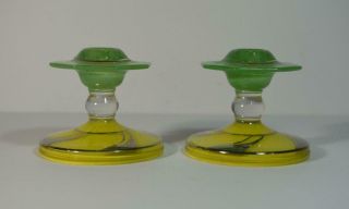 Pair Green & Yellow Glass Art Deco/Czech Candle Holders w/ Silver Overlay 2