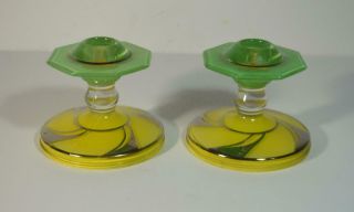 Pair Green & Yellow Glass Art Deco/Czech Candle Holders w/ Silver Overlay 3