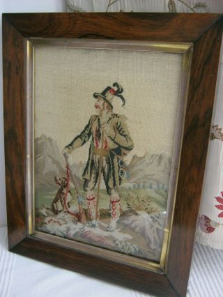 Victorian Wool Work Embroidered Picture In Rosewood Frame.  Alpine Scene