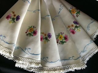 Stunning Vintage Linen Hand Embroidered Tablecloth Florals/fringe