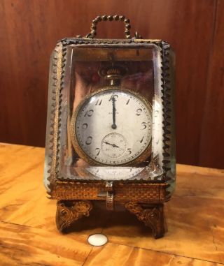 19th Cen.  French Pocket Watch /jewelry Casket Thick Beveled Glass Display