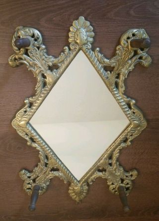 Antique/vintage Ornate Gold Brass & Wood Wall Tree Diamond Mirror Hat Rack 18.  5 "