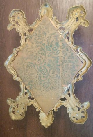 Antique/Vintage Ornate Gold Brass & Wood Wall Tree Diamond Mirror Hat Rack 18.  5 