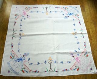 Crinoline Ladies,  Bluebirds,  English Flowers Hand Embroidered Linen Tablecloth