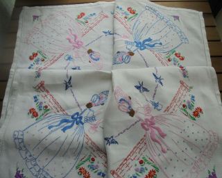 Crinoline ladies,  bluebirds,  English flowers hand embroidered linen tablecloth 2