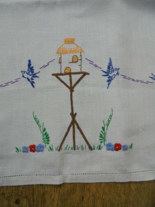 Crinoline ladies,  bluebirds,  English flowers hand embroidered linen tablecloth 3