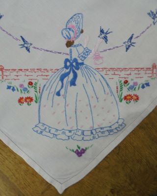Crinoline ladies,  bluebirds,  English flowers hand embroidered linen tablecloth 4